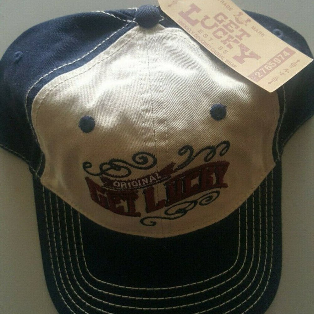 Vintage 80s TEXAS HOLD'EM Vintage"GET LUCKY" GAMBLING HAT Men's NAVY/STONE NWT
